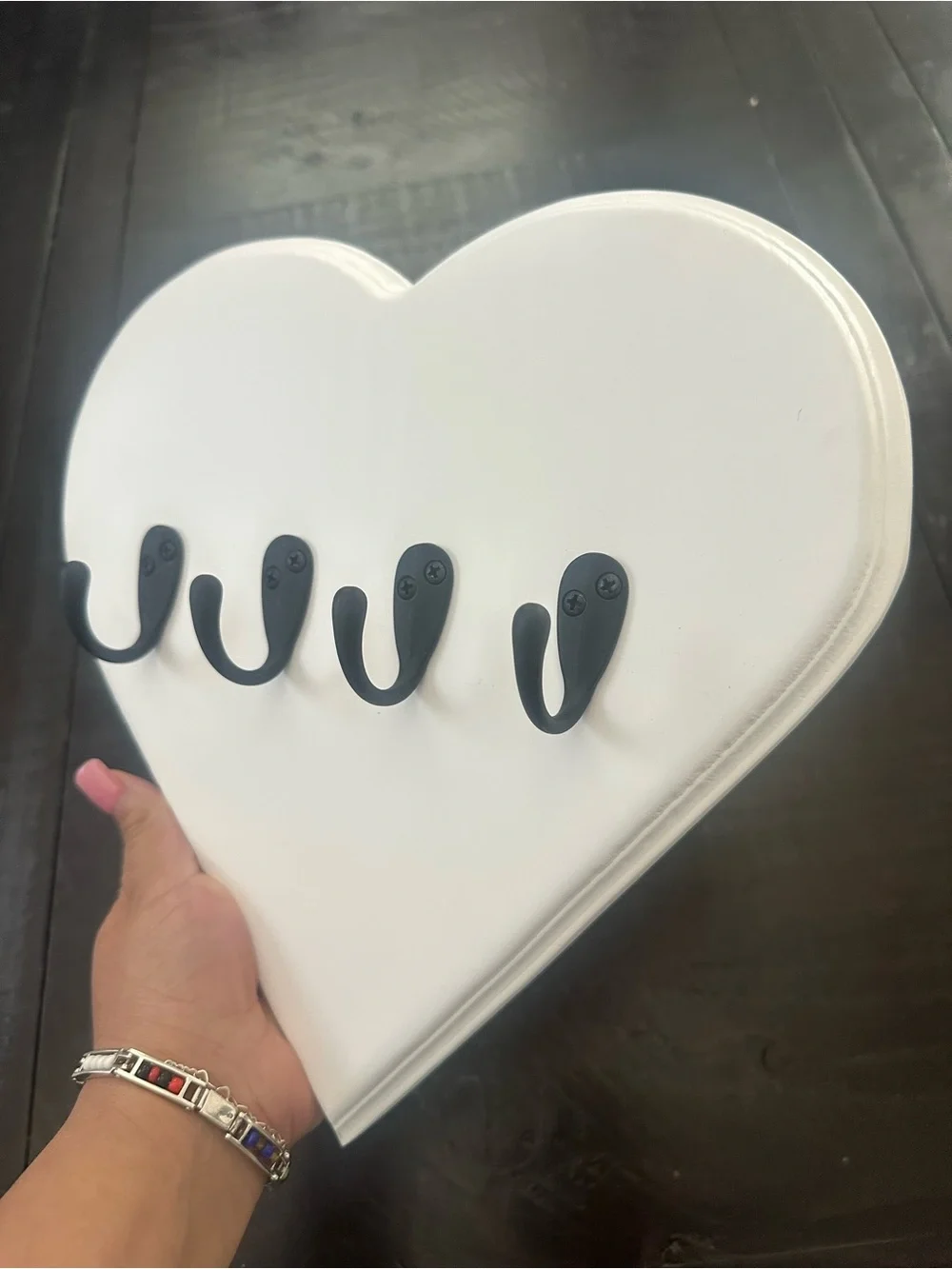 White Heart Wall Hook Rack with Black Hooks